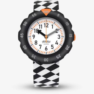 Flik Flak Race Flag Black & White Chequered Fabric Watch FPSP069