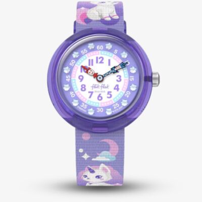 Flik Flak Girls Cosmicat Purple Fabric Strap Watch FBNP233