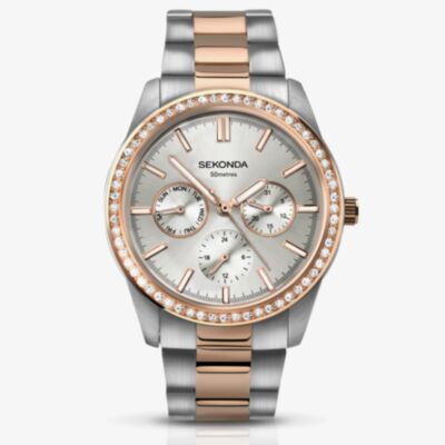 Sekonda Ladies Two Tone Silver Tone Day Date Crystal Bracelet Watch 2162
