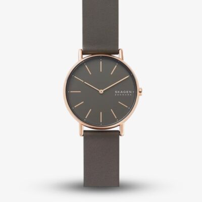 Skagen Unisex Signatur Grey Leather Strap Watch SKW2794