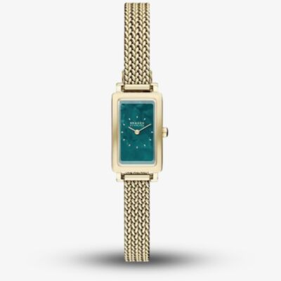 Skagen Ladies Hagen Micro Two-Hand Green Dial Gold-Tone Mesh Bracelet Watch SKW3186
