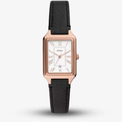 Fossil Ladies Raquel Rose Gold Tone Black Leather Strap Watch ES5310