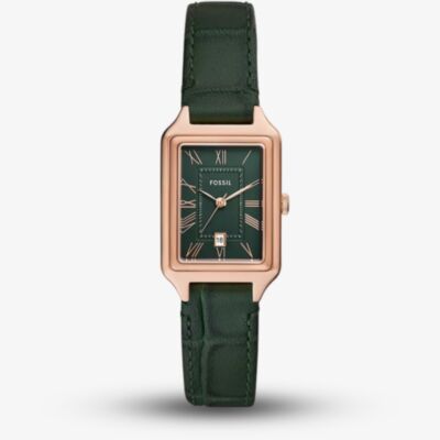 Fossil Ladies Raquel Rose Gold Tone Green Leather Strap Watch ES5366