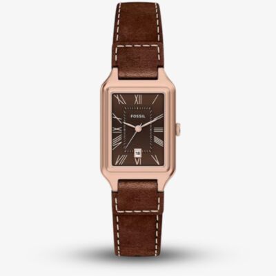 Fossil Ladies Raquel Brown Rectangle Dial Leather Strap Watch ES5503