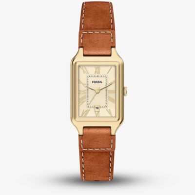 Fossil Ladies Raquel Champagne Rectangle Dial Leather Strap Watch ES5504