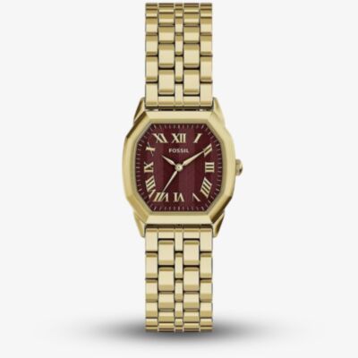 Fossil Ladies Harlow Red Octagon Dial Golden Bracelet Watch ES5511