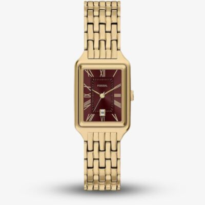 Fossil Ladies Raquel Red Rectangle Dial Golden Bracelet Watch ES5512