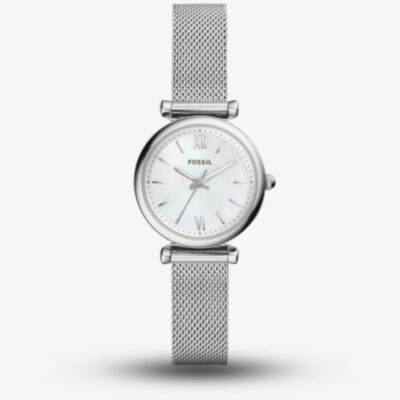 Fossil Ladies Carlie Mini Stainless Steel Mother Of Pearl Dial Mesh Strap Watch ES4432