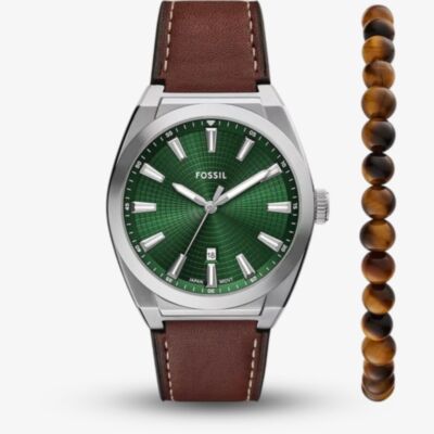 Fossil Mens Everett Brown Leather Strap Watch & Beaded Bracelet Set FS6080SET