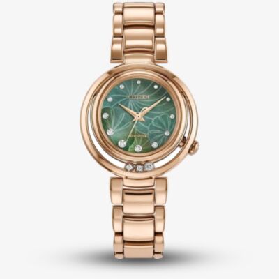 Citizen L Arcly Eco Drive Rose Gold Plated Diamond Floral Green Watch  EM1113-58Y