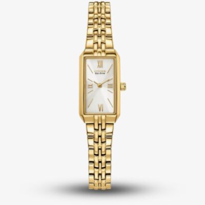 Citizen Ladies Silhouette Gold Tone White Rectangle Dial Watch EG2693-51P