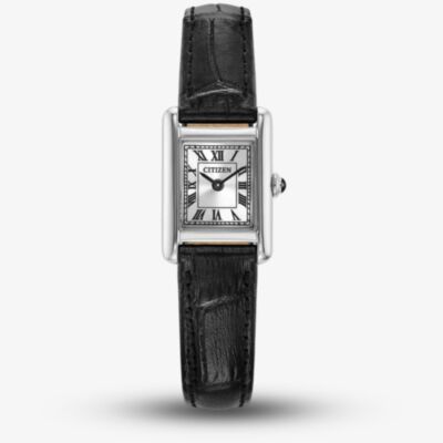 Citizen Ladies Fio Roma Eco-Drive Silver Rectangular Dial Black Leather Strap Watch EG2790-12A