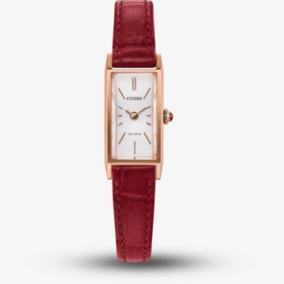 Citizen Ladies Fio Eco-Drive Rose Gold Rectangular Dial Red Leather Strap Watch EG7123-01A