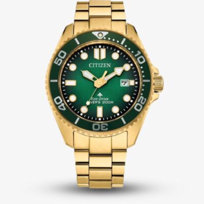 Citizen Mens Promaster Diver Gold Plated Green Dial Watch BN0262-59W