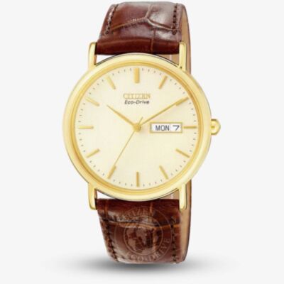 Citizen Mens Stiletto Gold Plated Brown Leather Strap Watch BM8242-08P