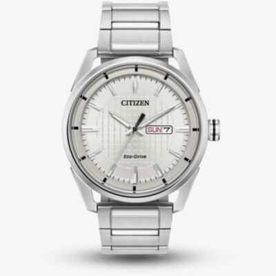 Citizen Mens Eco-Drive Silver Day Date Dial Stainless Steel Bracelet Watch AW0080-57A