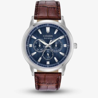 Citizen Mens Corso Stainless Steel Blue Day Date Dial Brown Leather Strap Watch BU2070-12L