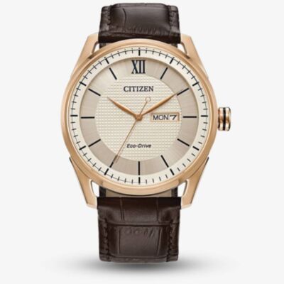 Citizen Mens Eco-Drive Gold Plated Dial & Leather Strap Watch AW0082-01A