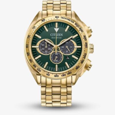 Citizen Mens Eco-Drive Gold Tone Green Chronograph Watch CA4542-59X
