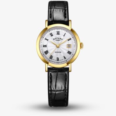 Rotary Ladies Heritage Gold Plated Black Leather Strap Watch LS05423/01