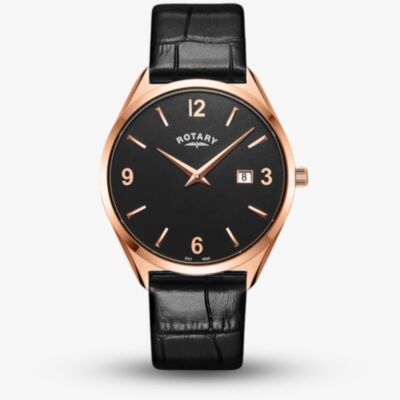 Rotary Mens Ultra Slim Rose Gold Plated Black Leather Strap Watch RGS10012/04