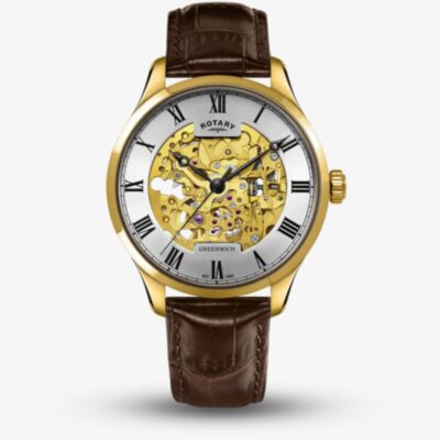 Rotary Mens Greenwich Skeleton Gold Plated Automatic Leather Strap Watch GS02941/03