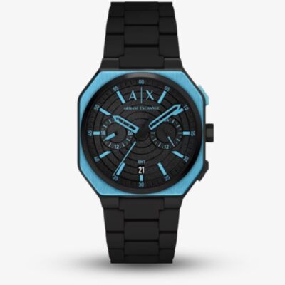 Armani Exchange Mens Bass Dual-Time Black & Blue Silicone Strap Watch AX1480