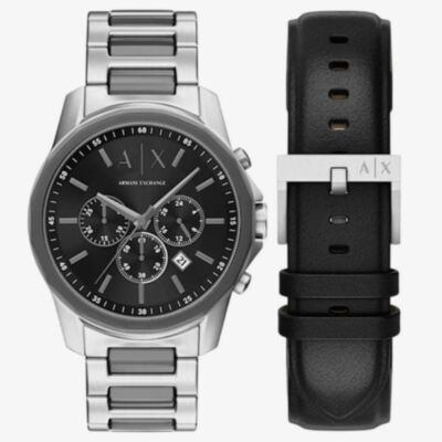 Armani Exchange Mens Silver Watch & Black Strap Set AX7181SET