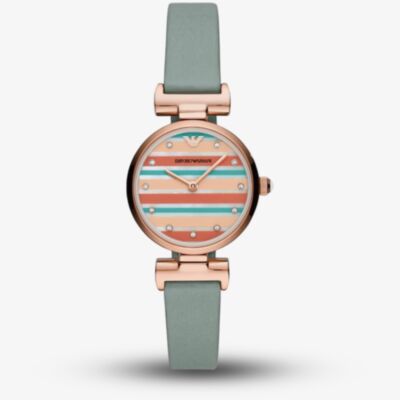 Emporio Armani Ladies T-Bar Rose Gold Plated Multicolour Dial Blue Reversible Strap Watch AR11292