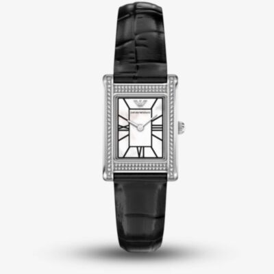 Emporio Armani Ladies Genni White Mother Of Pearl Rectangular Dial Leather Strap Watch AR11803