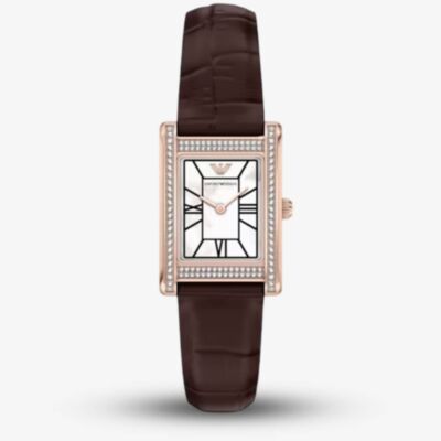 Emporio Armani Ladies Genni White Mother Of Pearl Rectangular Dial Brown Leather Strap Watch AR11804