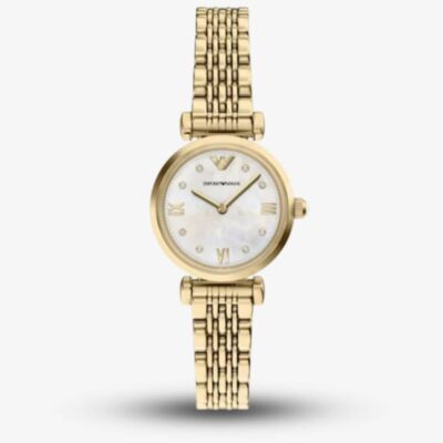 Emporio Armani Ladies Gianni White Mother Of Pearl Dial Gold Tone Bracelet Watch AR11806