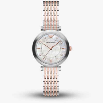 Emporio Armani Ladies Archelia Silver Mother Of Pearl Dial Two Tone Bracelet Watch AR11808