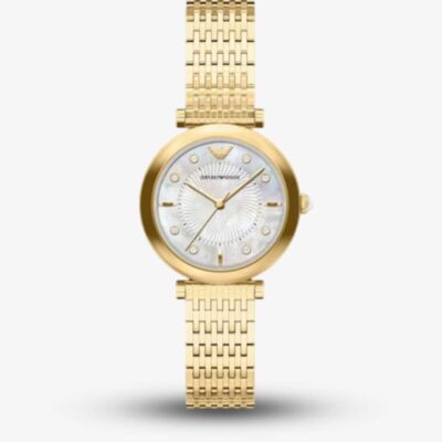 Emporio Armani Ladies Archelia Silver Mother Of Pearl Dial Gold Tone Bracelet Watch AR11809
