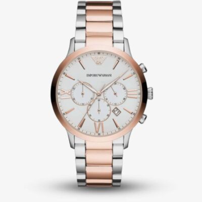 Emporio Armani Mens Giovanni Two Tone Silver Chronograph Dial Bracelet Watch AR11209