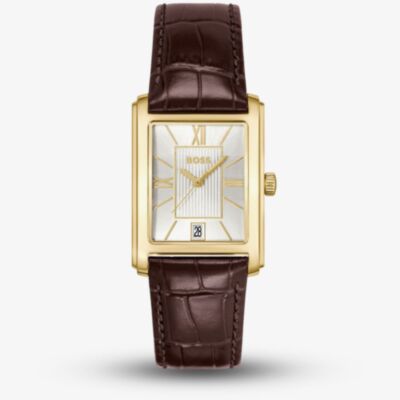 BOSS Mens Principle Gold Tone Brown Leather Strap Watch 1514300