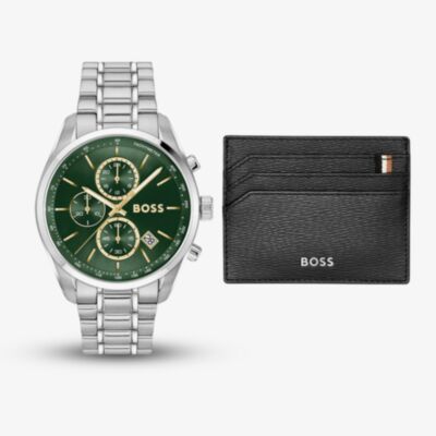 BOSS Mens Grand Prix Green Dial Bracelet Watch & Black Card Holder Gift Set 1570202