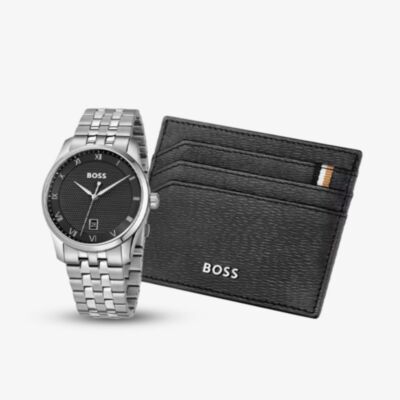 BOSS Mens Principle Black Dial Bracelet Watch & Iconic Black Card Holder Wallet Gift Set 1570204