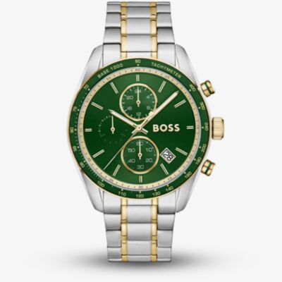 BOSS Mens Grand Prix Two Tone Chronograph Green Dial Bracelet Watch 1514345