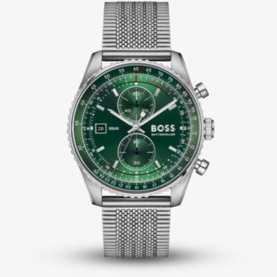BOSS Mens Skytraveller Chronograph Green Dial Mesh Bracelet Watch 1514347