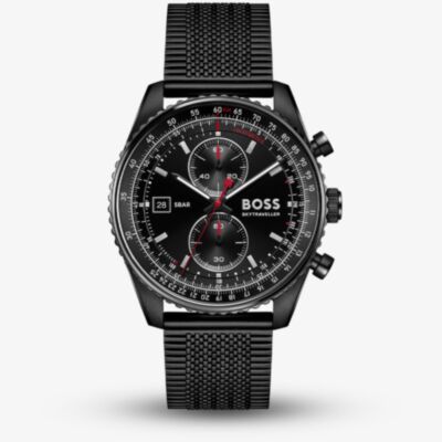 BOSS Mens Skytraveller Chronograph Black Dial Mesh Bracelet Watch 1514348