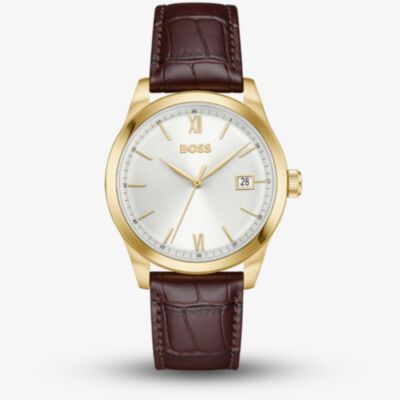 BOSS Mens Langford Silver Dial Leather Strap Watch 1514357