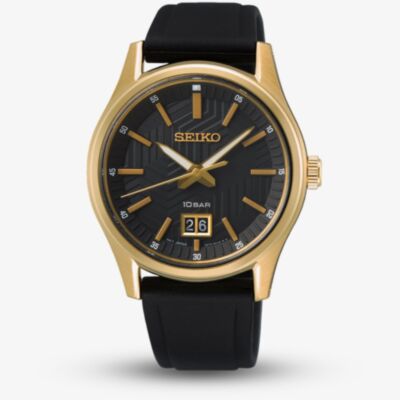 Seiko Mens Gold Plated Black Silicone Strap Watch SUR560P1