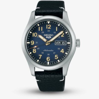 Seiko Mens 5 Sports Blue Dial Leather Strap Watch SRPG39K1