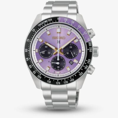Seiko Mens Limited Edition Prospex Speedtimer 145th Anniversary Solar Chronograph Purple Dial Bracelet Watch HBJ005P1