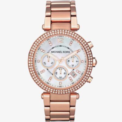 Michael Kors Mother of Pearl Stone Chronograph Dial Rose Gold Plated Bracelet Watch MK5491 
