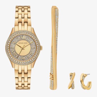 Michael Kors Ladies Harlowe Gold Plated Watch Pave Bangle & Earrings Set MK4974SET