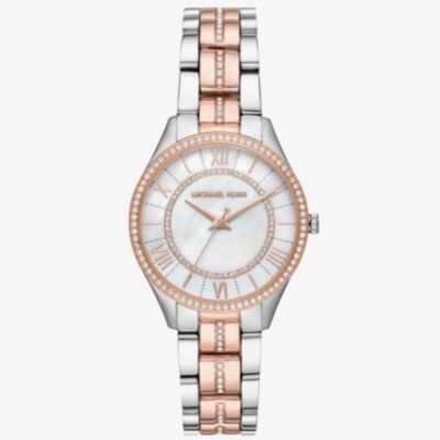 Michael Kors Ladies Mini Lauryn Two Tone Pave Mother of Pearl Bracelet Watch MK3979