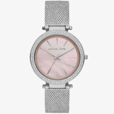 Michael Kors Ladies Darci Stainless Steel Pink Mother Of Pearl Dial Crystal Set Bezel Mesh Strap Watch MK4518