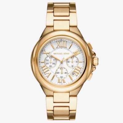 Michael Kors Ladies Camille 43mm Gold Plated White Dial Chronograph Watch MK7270